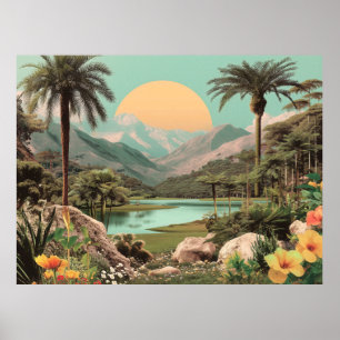 Surreal tropisk sjö med palmer poster