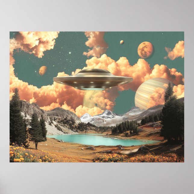 Surreal UFO Above Mountain Lake with Planets Poster (Framsidan)