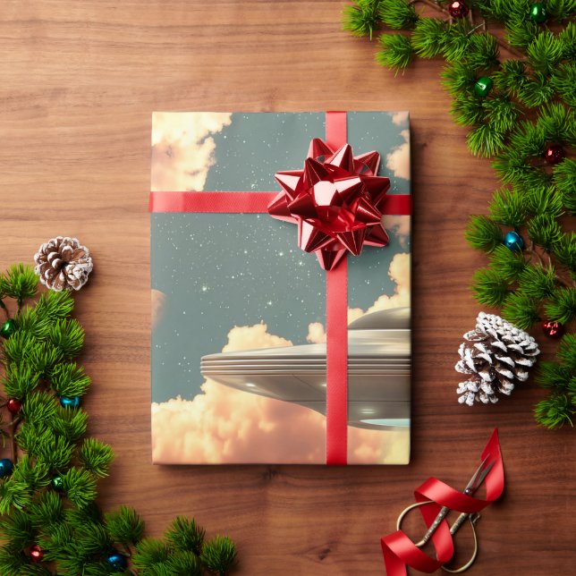 Surreal UFO Above Mountain Lake with Planets Presentpapper (Julgåva)