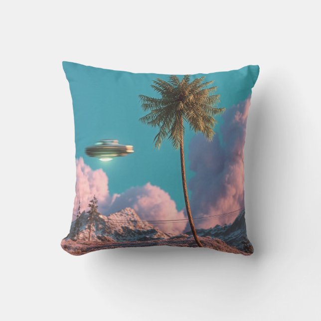 Surreal UFO and Palm Tree Mountain Scene Kudde (Framsida)