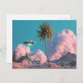 Surreal UFO and Palm Tree Mountain Scene Vykort