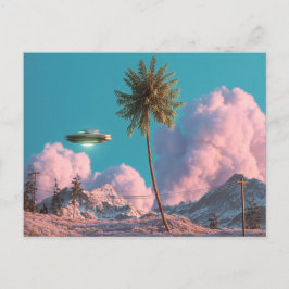 Surreal UFO and Palm Tree Mountain Scene Vykort