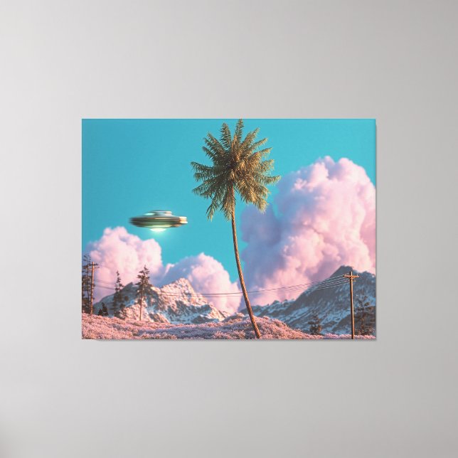 Surreal UFO- och palmtrebergscen Canvastryck (Framsida)
