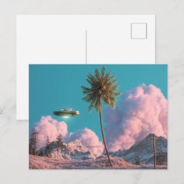 Surreal UFO- och palmtreebergscen Vykort