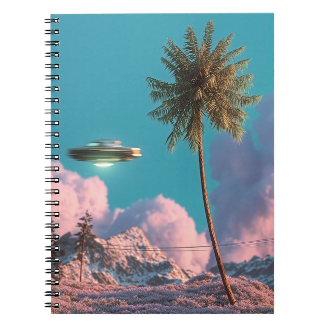 Surreal UFO- och palmtreebergsscen Anteckningsbok (Framsidan)