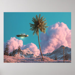 Surreal UFO- och palmtreebergsscen Poster