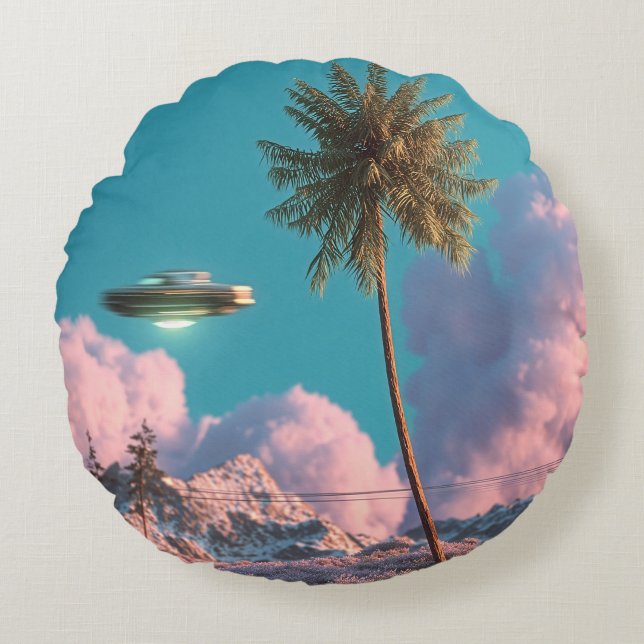 Surreal UFO- och palmtrotsbergsscen Rund Kudde (Framsidan)