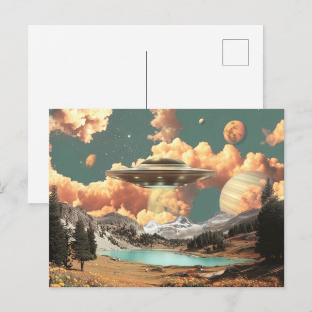 Surreal UFO ovanför bergssjö med planeter Vykort (Fram/baksida)