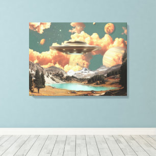 Surreal UFO över bergssjö med planeter Canvastryck