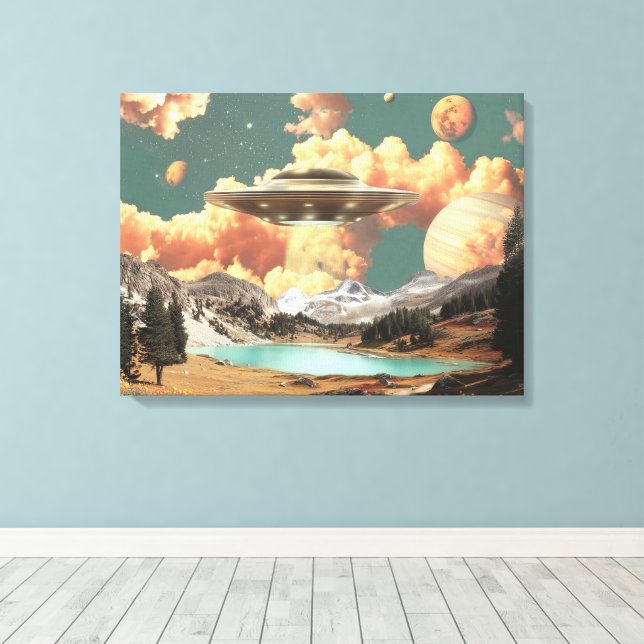 Surreal UFO över bergssjö med planeter Canvastryck (Insitu (trägolv))