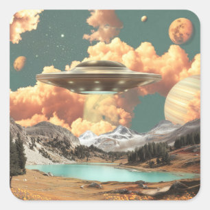 Surreal UFO över bergssjö med planeter Fyrkantigt Klistermärke