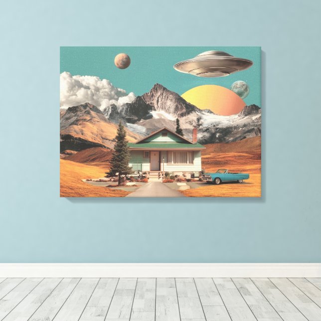 Surreal UFO över lantlig stuga Canvastryck (Insitu (trägolv))