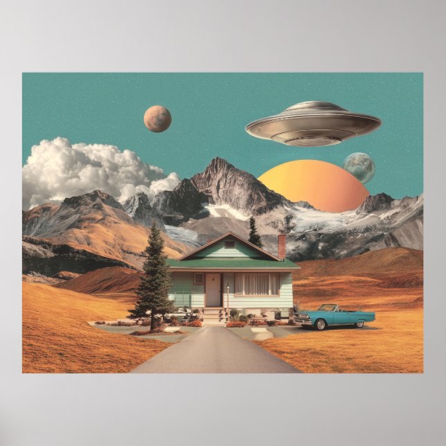 Surreal UFO Over Rustic House Poster (Framsidan)