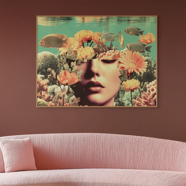 Surreal Underwaterporträtt Med Korallblommor Poster (Surreal Underwater Portrait With Coral Flowers)