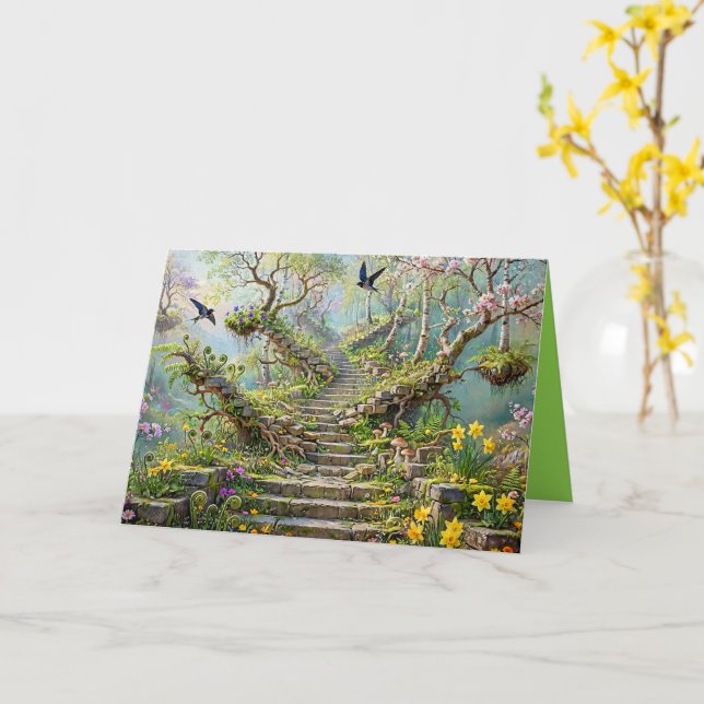 Surreal vårstairway svalar vilda blommor kort (Gul blomma)