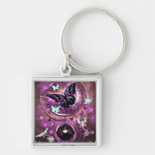 Surreal Vintage Mörk Butterfly Fyrkantig Silverfärgad Nyckelring