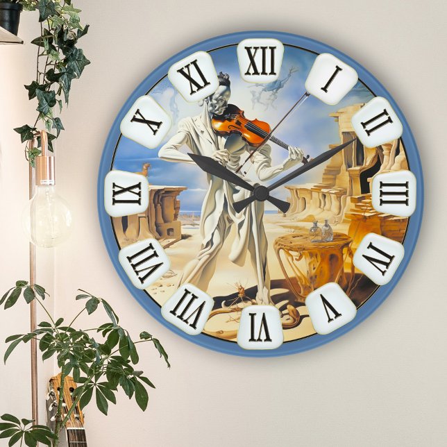 Surreal Violin Music Fine Art Rund Klocka (Wall clock featuring a fine art painting of a violinist in a surreal landscape - with roman numbers)
