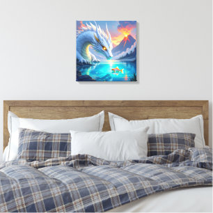 Surreal White Dragon och Guld Fish Canvastryck