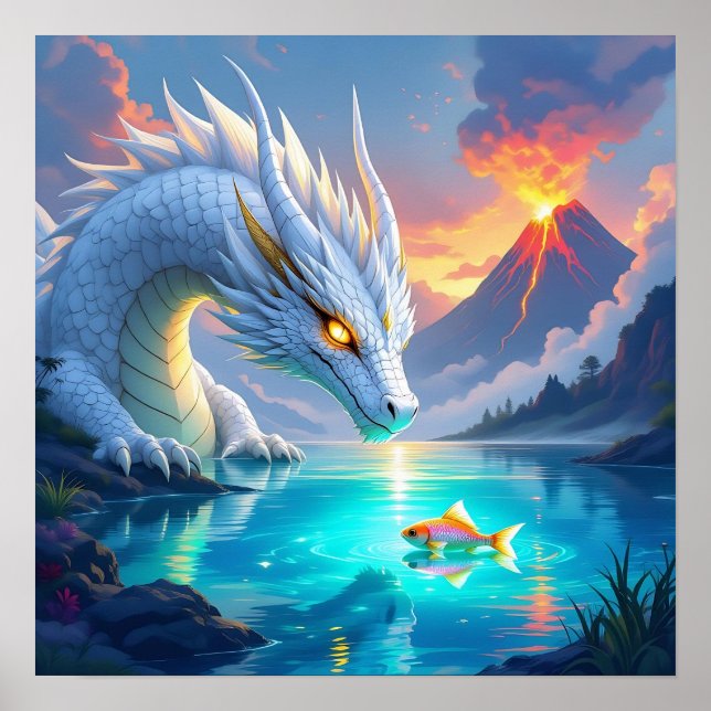 Surreal White Dragon och Guld Fish Poster (Framsidan)