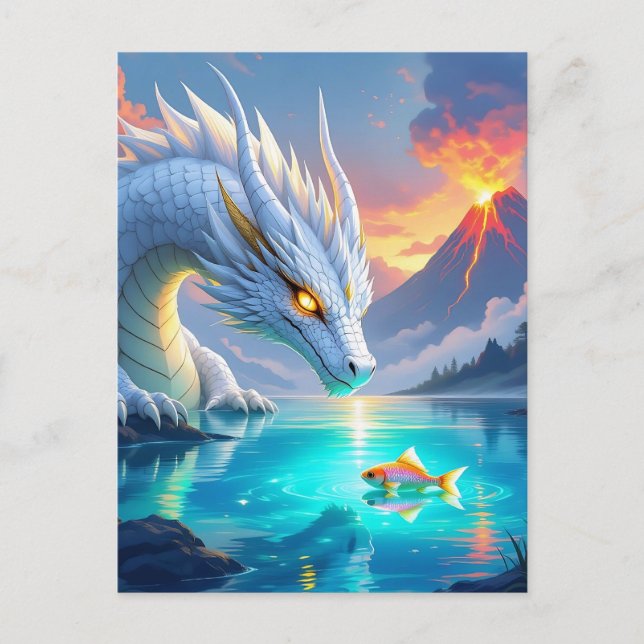 Surreal White Dragon och Guld Fish Vykort (Framsida)