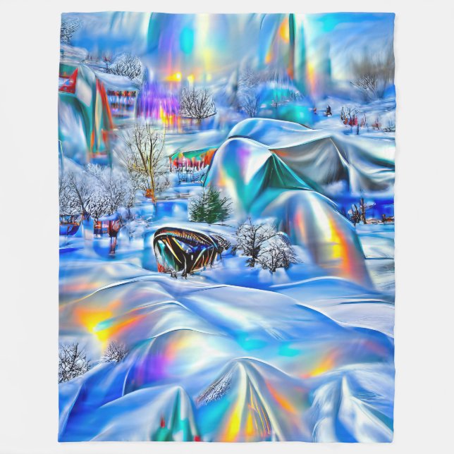 Surreal Winter Wonderland med Iridescent Ljus Fleecefilt (Framsidan)