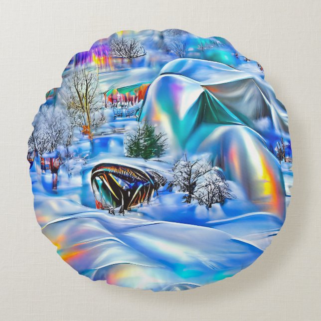 Surreal Winter Wonderland med Iridescent Ljus Rund Kudde (Framsidan)