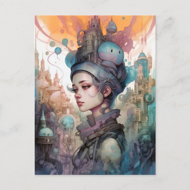 Surreal Woman Ligcape City Fantasy Art Vykort (Framsida)