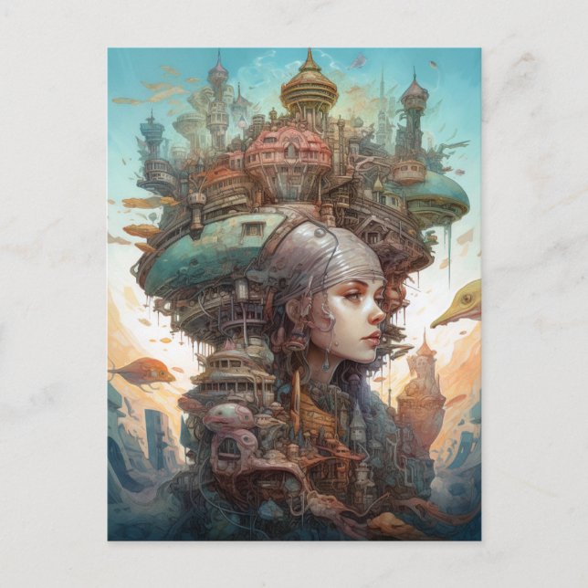 Surreal Woman Ligcape City Fantasy Art Vykort (Framsida)