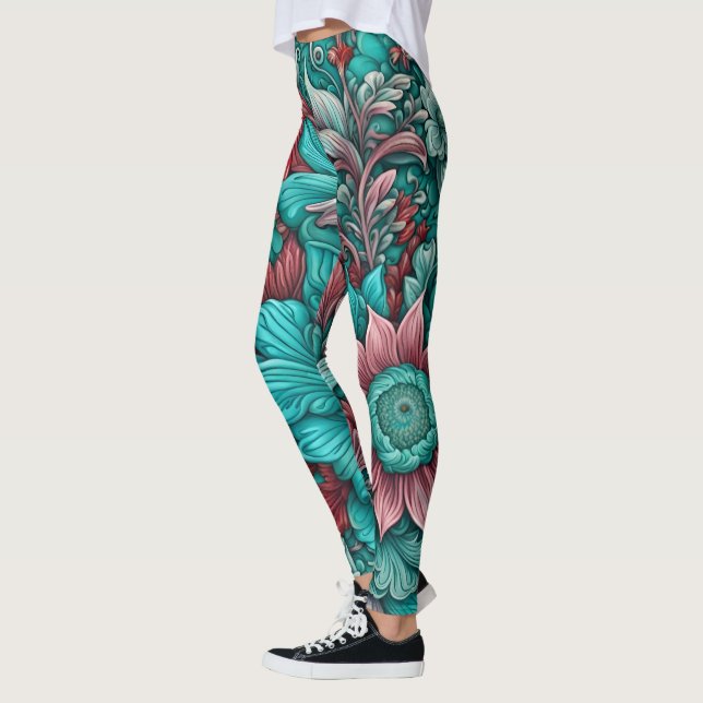 Surreala blommor, cyan blue red och rosa leggings (Vänster)