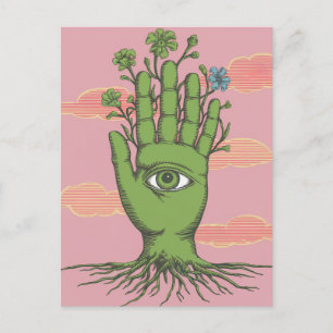 Surreala trädgårdsmästare Grönt Hand Blue Flower Vykort