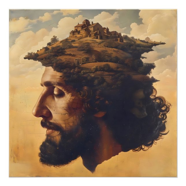 Surrealism Huvud och Stad Fototryck (Framsidan)