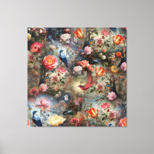 Surrealist Art med blommor och fåglar Canvastryck