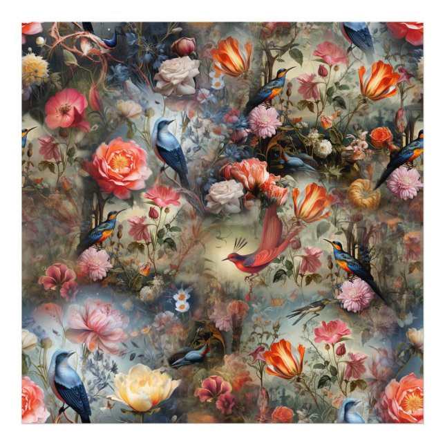 Surrealist Art med blommor och fåglar Fototryck (Framsidan)