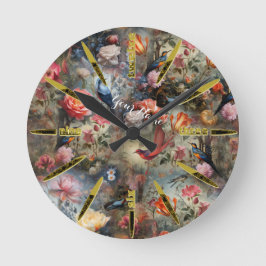 Surrealist Art med blommor och fåglar Rund Klocka
