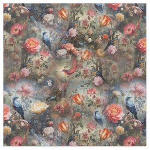 Surrealist Art med blommor och fåglar Tyg