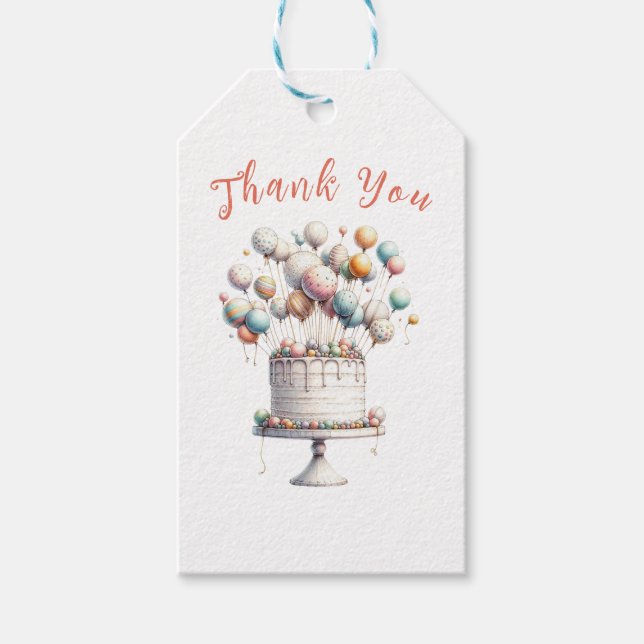 Surrealist, ballonger och födelsedagskaka-Tack Presentetikett (Framsidan)