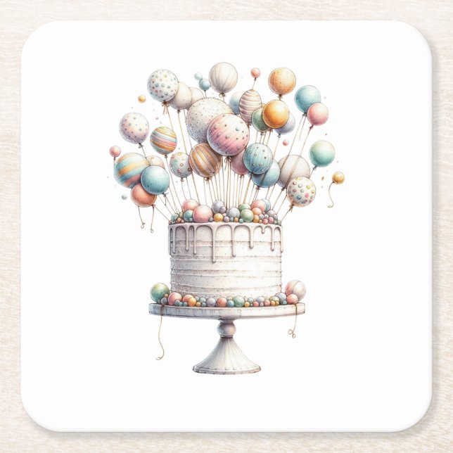 Surrealist, Cute Balloations & Birthday Cake White Underlägg Papper Kvadrat (Framsidan)