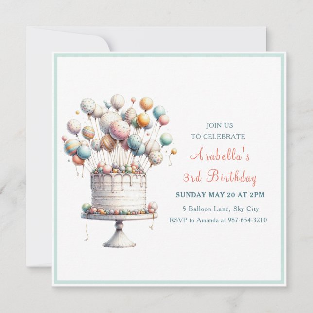 Surrealist, Cute Balloons och Birthday Cake Square Inbjudningar (Framsida)