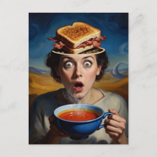 Surrealistisk baconmacka och soppa vykort