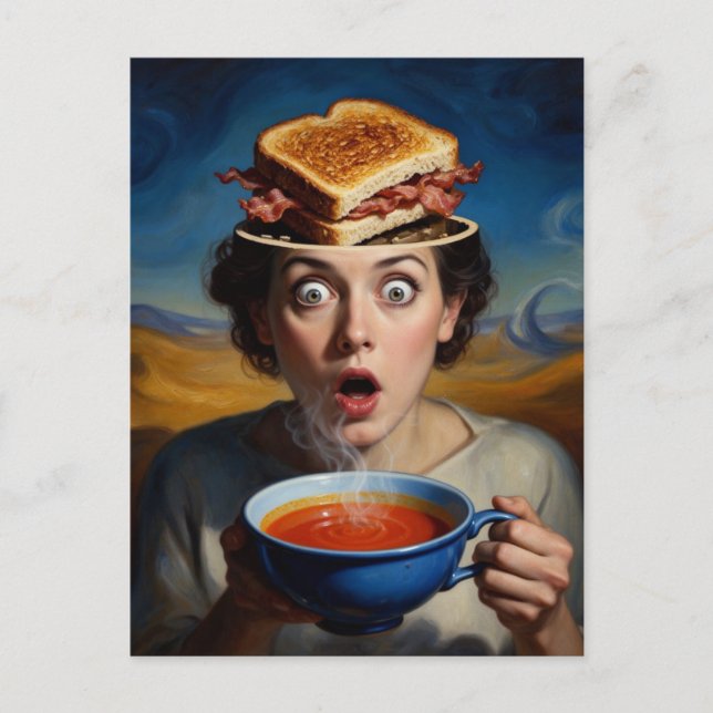 Surrealistisk baconmacka och soppa vykort (Framsida)