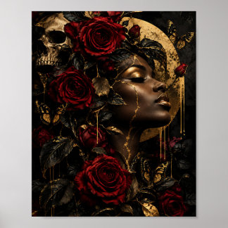 Surrealistisk blomster svart drottning guldblad oc poster