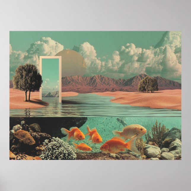 Surrealistisk dörröppning i öken med undervatten poster (Framsidan)