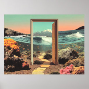 Surrealistisk dörröppning mot havet med korallrev poster