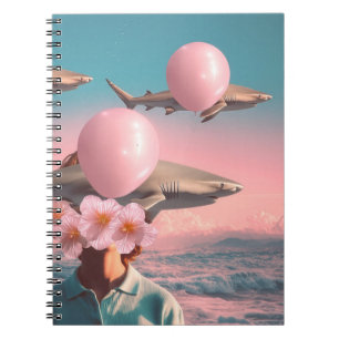 Surrealistisk drömlandskap med hajar och ballonger anteckningsbok