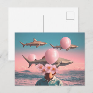 Surrealistisk drömlandskap med hajar och ballonger vykort