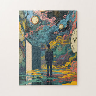 Surrealistisk figur rum virvlande klockor rökgrafi pussel