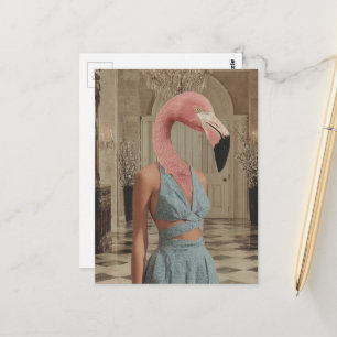 Surrealistisk flamingo iförd blå klänning i ett ru vykort