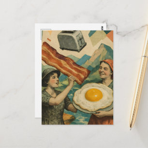 Surrealistisk frukost kvinna bacon och ägg brödros vykort