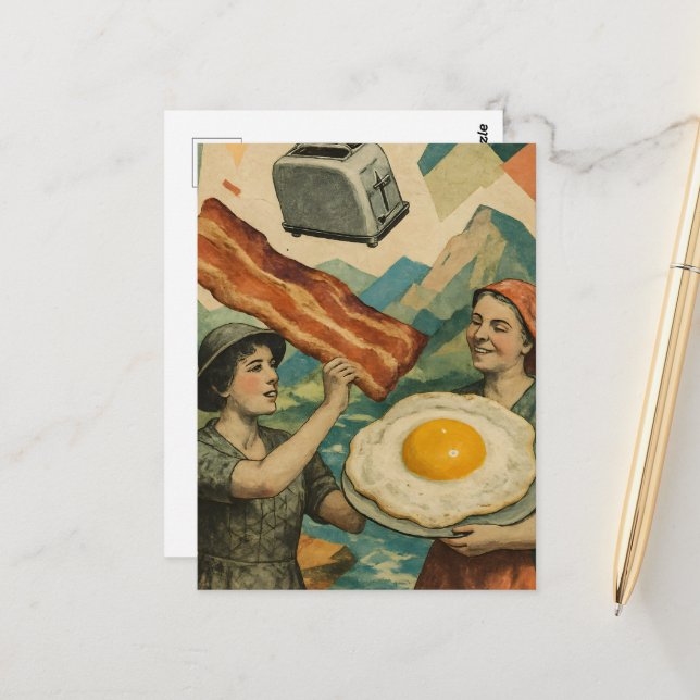 Surrealistisk frukost kvinna bacon och ägg brödros vykort (Fram/Back In Situ)