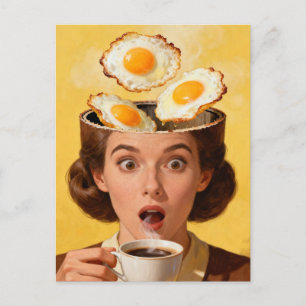 Surrealistisk frukost Toast och kaffekvinna gul Vykort